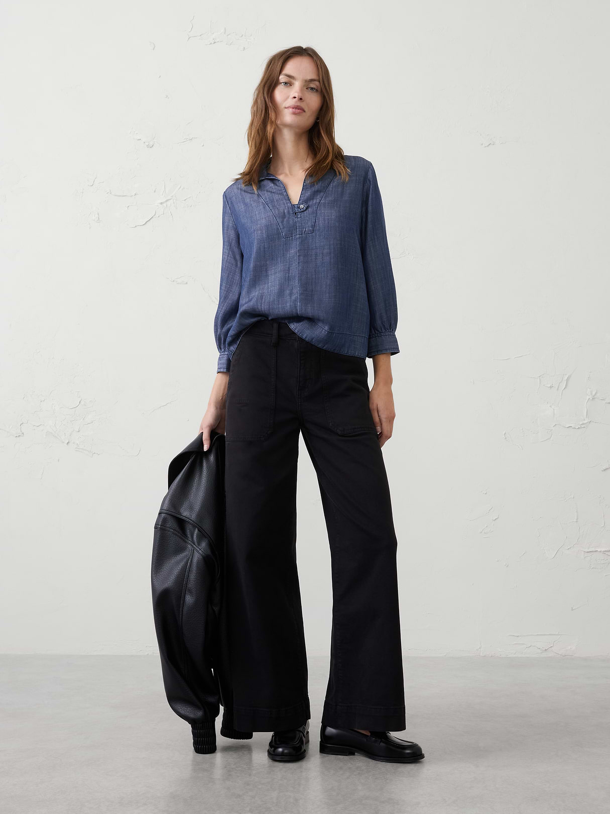 denim collared tab pullover top denim collared tab pullover top
