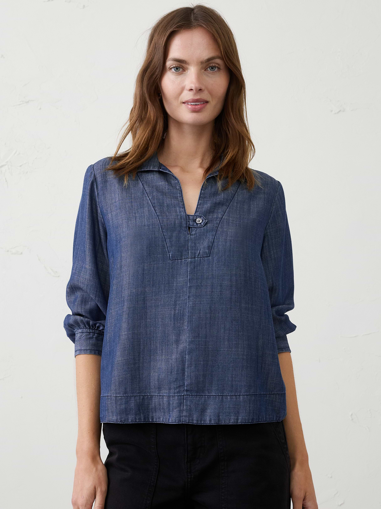 denim collared tab pullover top denim collared tab pullover top