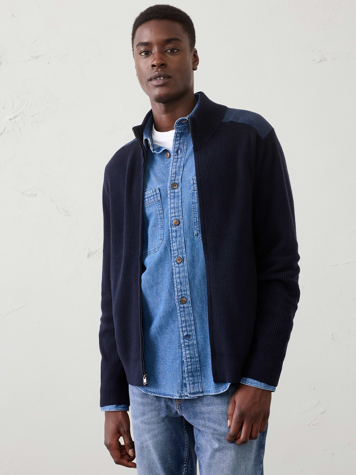 vegan suede patch sweater jacket vegan suede patch sweater jacket