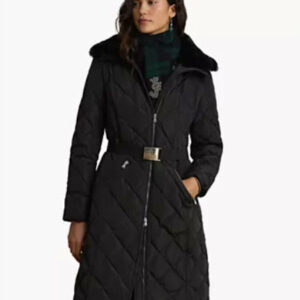 lauren ralph lauren — women's belted quilt with faux fur collar coat