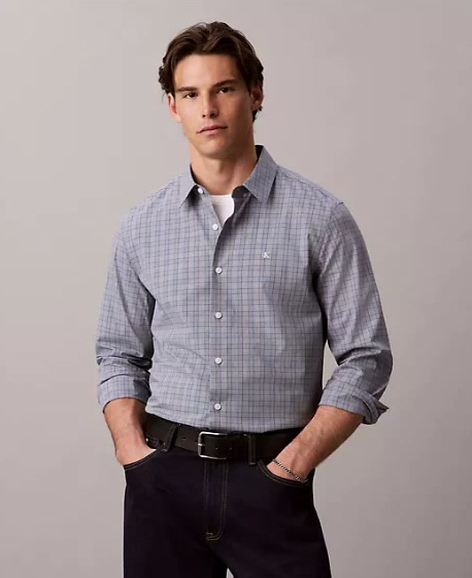 yarn dyed plaid stretch button down shirt