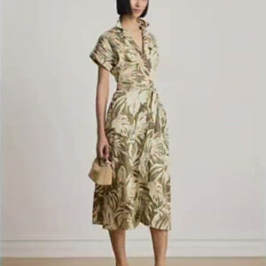 women's palm frond print camp collar shirt dress