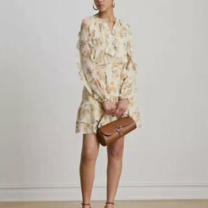 women's band collar floral ruffle trim tiered dress