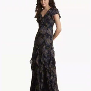 women's floral ruffle trim georgette gown