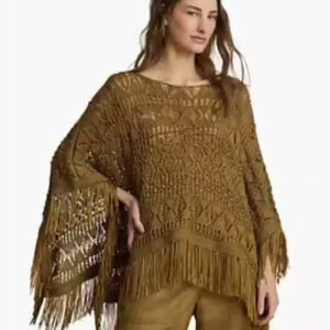lauren ralph lauren — women's fringe trim oversized boat neck poncho