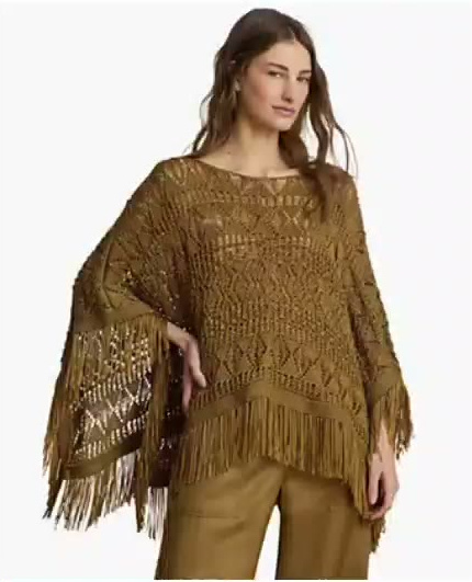 lauren ralph lauren — women's fringe trim oversized boat neck poncho lauren ralph lauren — women's fringe trim oversized boat neck poncho