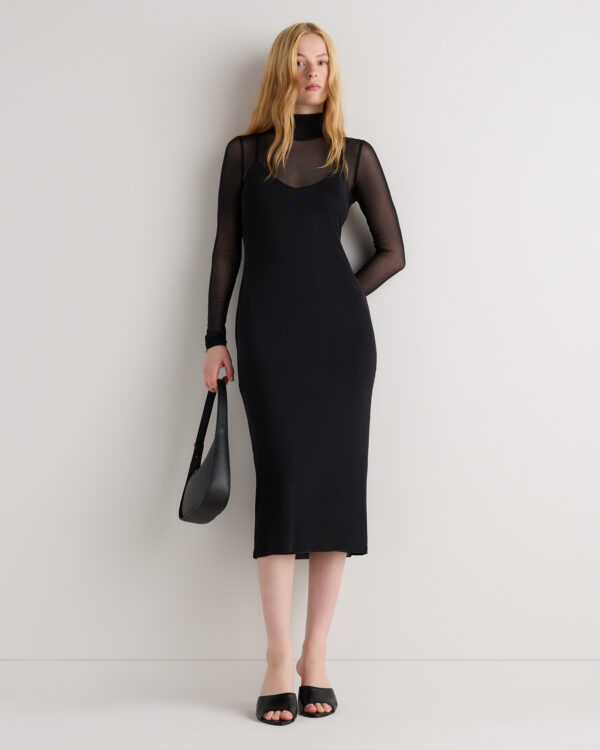 mesh knit mock neck midi dress
