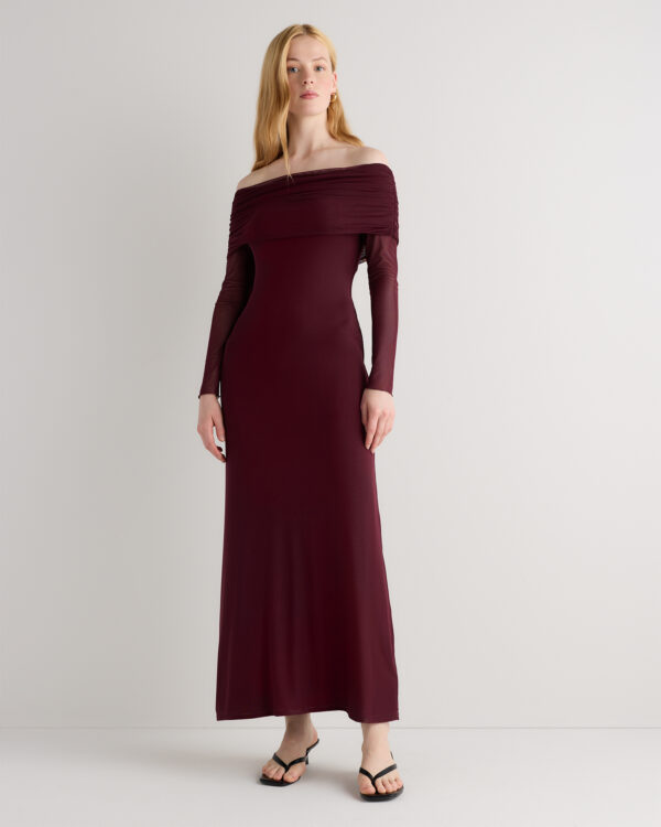 mesh knit off the shoulder maxi dress