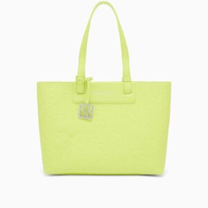 tote bag with an embossed pattern and a metallic charm