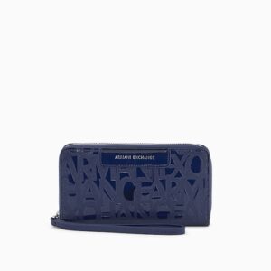 zip around wallet with an embossed logo and a wrist strap