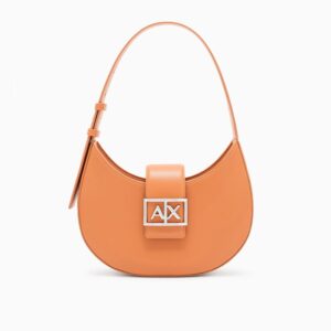crescent shoulder bag with a front flap and logo buckle